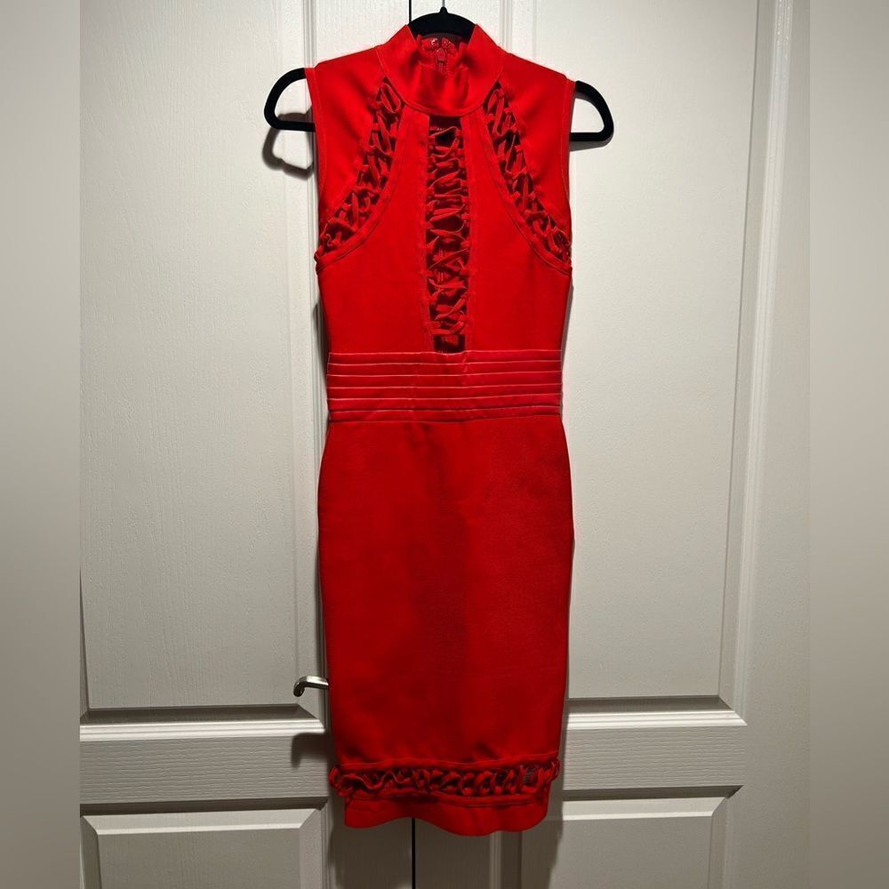 Red Bandage Cut Out Ruffle Midi Bodycon Dress XS